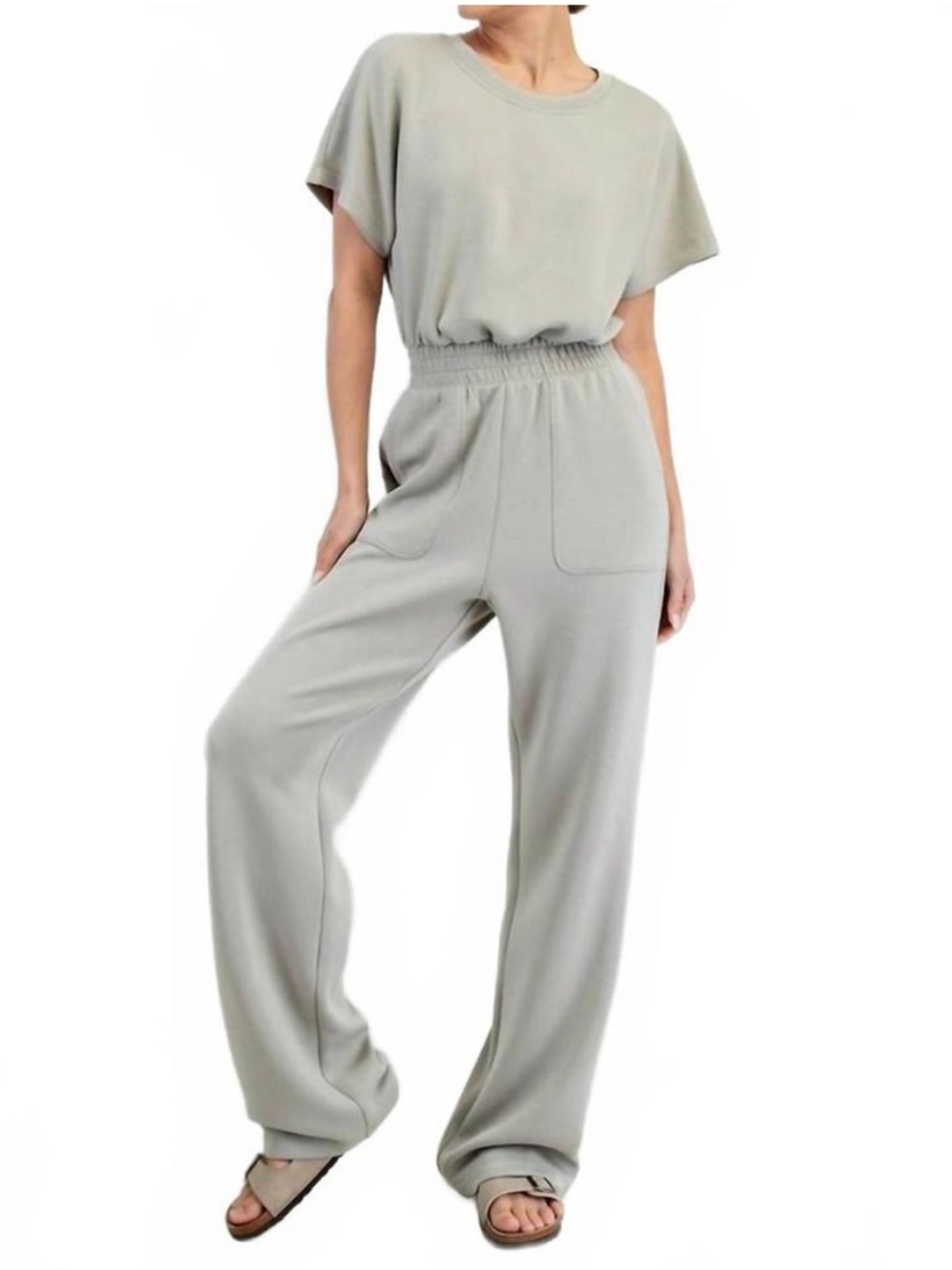 Rae Mode Relaxed Short Sleeve High-Waist Wide Leg Jumpsuit Light Sage Medium NEW